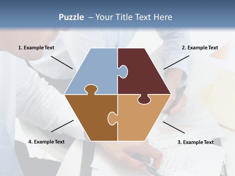 A Couple Of People Sitting At A Table With Papers PowerPoint Template