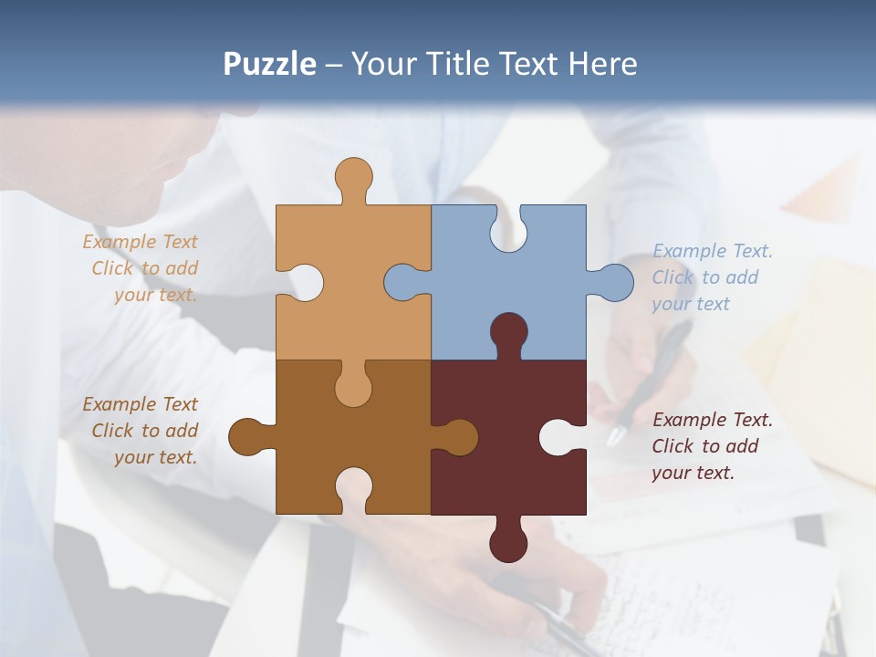 A Couple Of People Sitting At A Table With Papers PowerPoint Template