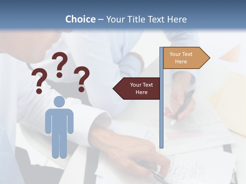 A Couple Of People Sitting At A Table With Papers PowerPoint Template