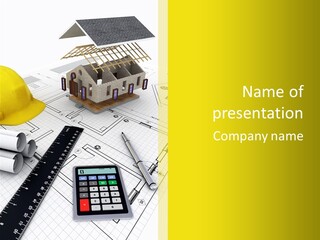 A House On Top Of A Blueprint With A Calculator And A Ruler PowerPoint Template