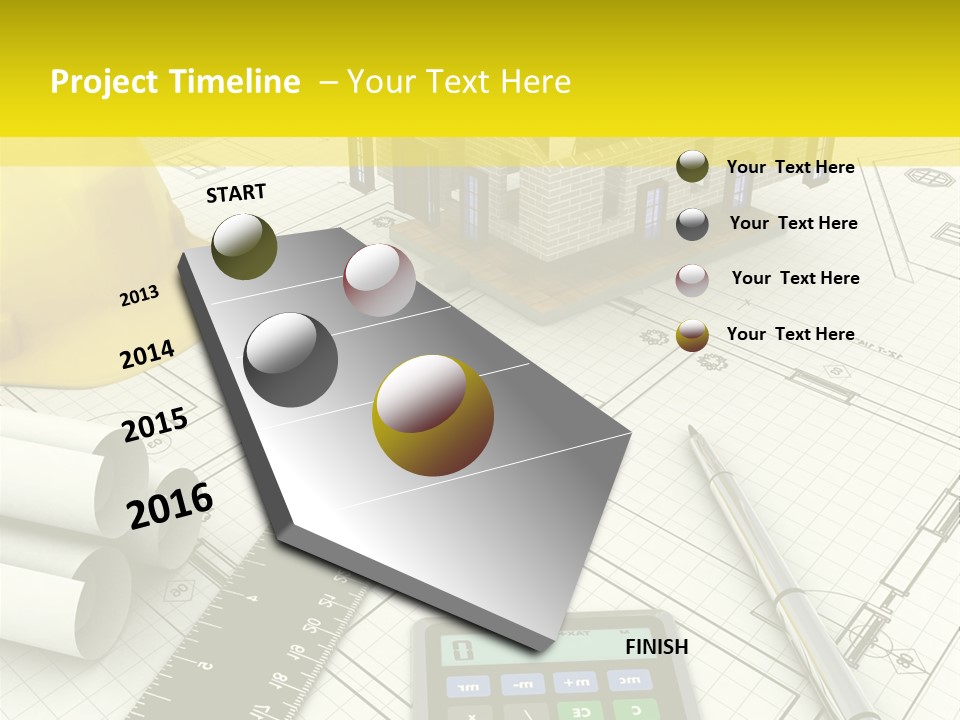 A House On Top Of A Blueprint With A Calculator And A Ruler PowerPoint Template