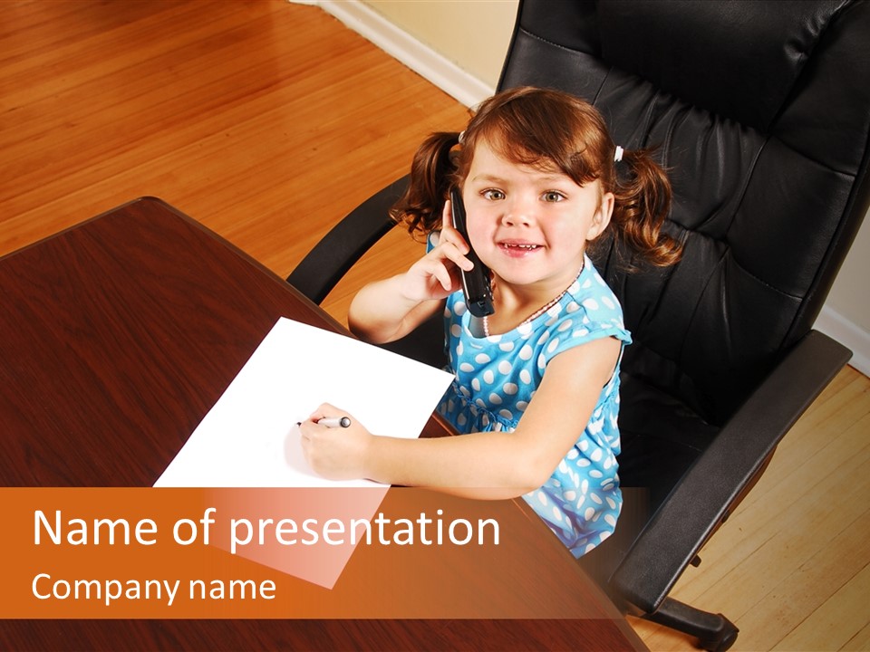 A Little Girl Sitting At A Desk Talking On A Phone PowerPoint Template