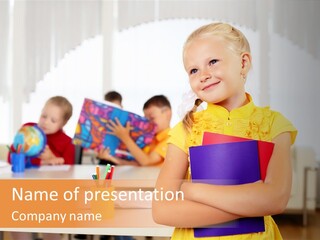 A Young Girl Standing In Front Of A Table With Children PowerPoint Template