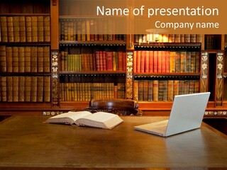 A Laptop Computer Sitting On Top Of A Wooden Desk PowerPoint Template