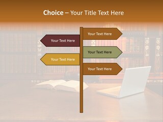 A Laptop Computer Sitting On Top Of A Wooden Desk PowerPoint Template