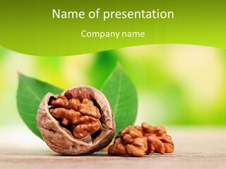 Walnuts And Leaves On A Table With A Green Background PowerPoint Template