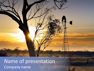 A Windmill And A Tree With The Sun Setting In The Background PowerPoint Template