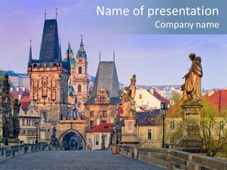 A Bridge That Has Statues On It And A Castle In The Background PowerPoint Template