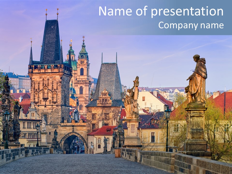 A Bridge That Has Statues On It And A Castle In The Background PowerPoint Template