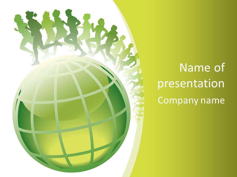 A Green Globe With People Running Around It PowerPoint Template