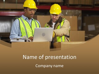 Two Men In Safety Vests Working On A Laptop PowerPoint Template