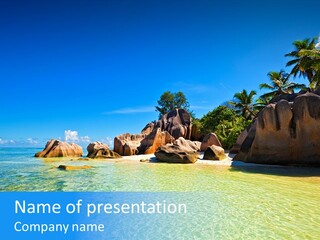 A Tropical Beach With Palm Trees And Rocks In The Water PowerPoint Template
