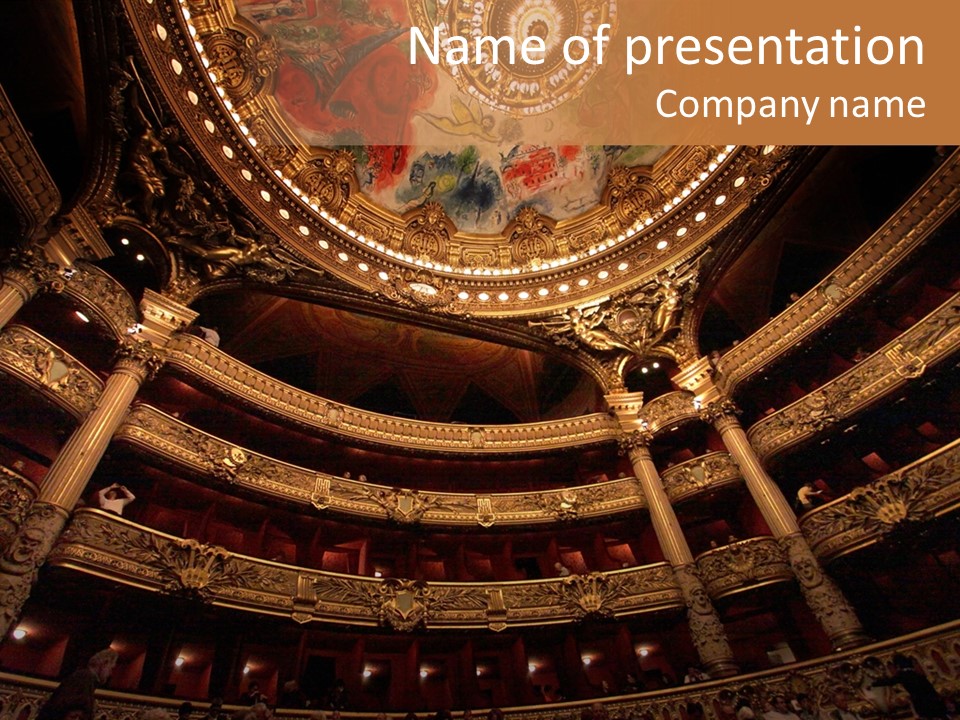 A Theater Auditorium With A Painted Ceiling And Pillars PowerPoint Template