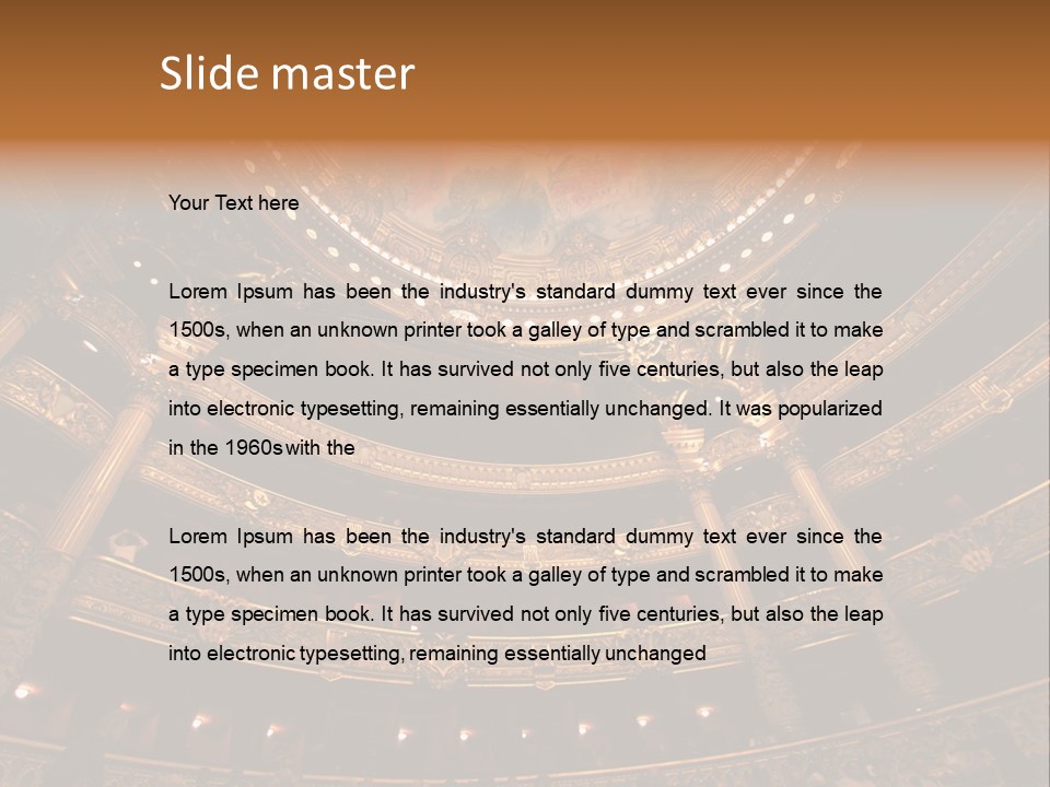 A Theater Auditorium With A Painted Ceiling And Pillars PowerPoint Template