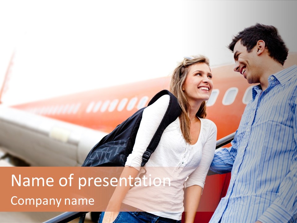 A Man And A Woman Standing Next To An Airplane PowerPoint Template