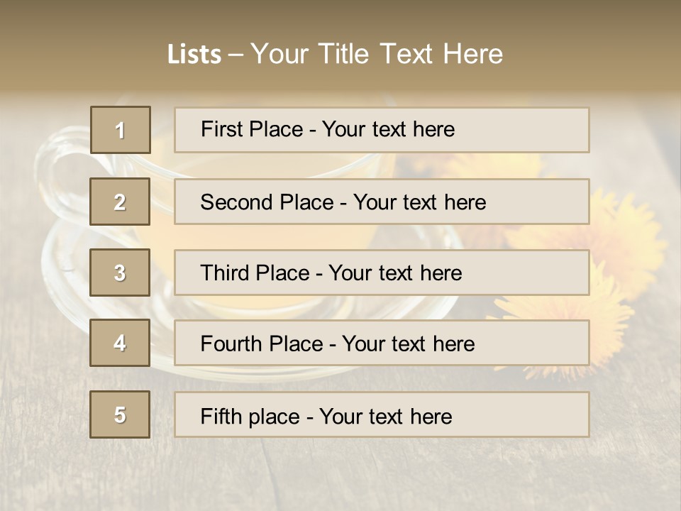 A Cup Of Tea With Dandelions On A Wooden Table PowerPoint Template