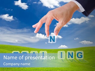 A Person's Hand Reaching For A Word In The Sky PowerPoint Template