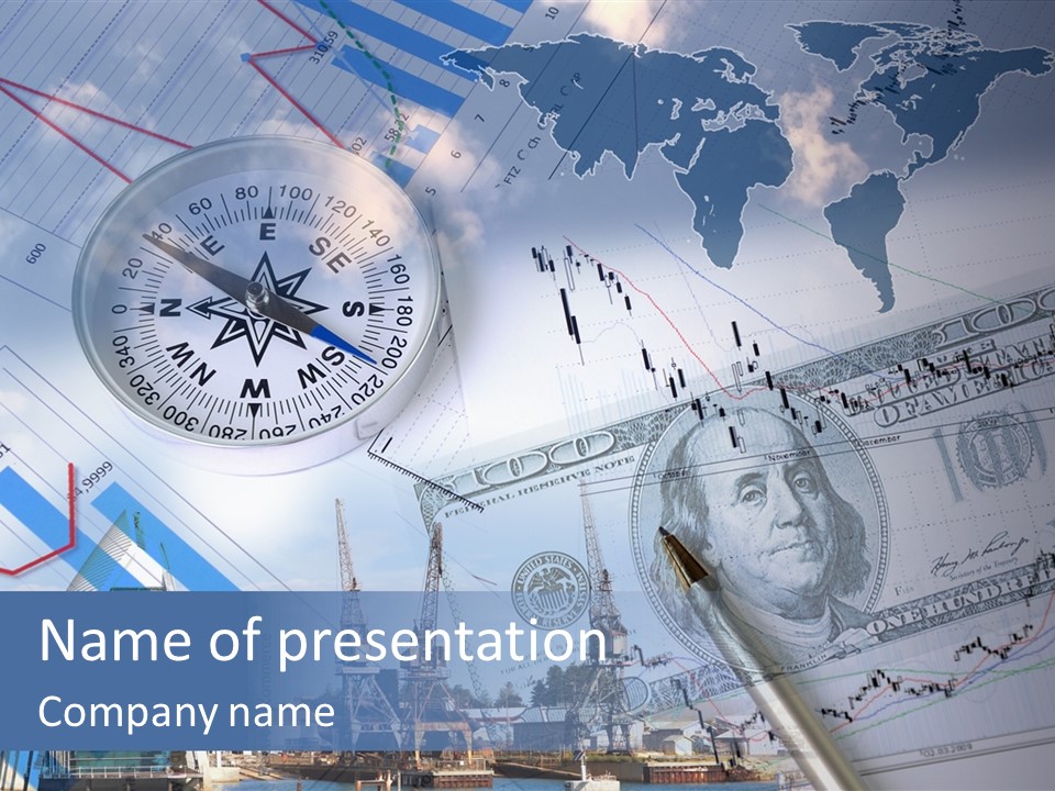 A Compass, Money, And A Pen On Top Of A Map PowerPoint Template