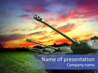 A Tank On A Grassy Field With A Sunset In The Background PowerPoint Template