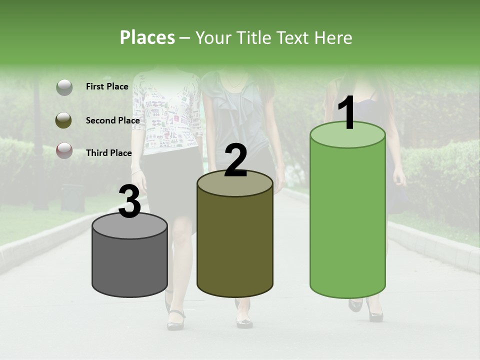 Three Girls Walking Down A Sidewalk In A Park PowerPoint Template