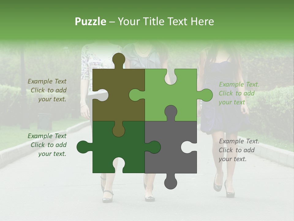 Three Girls Walking Down A Sidewalk In A Park PowerPoint Template