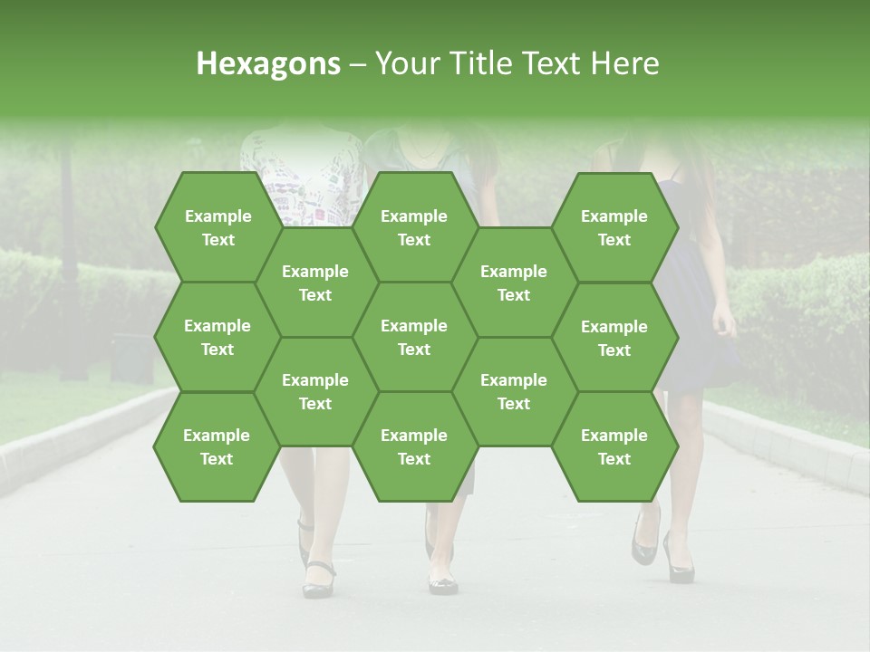 Three Girls Walking Down A Sidewalk In A Park PowerPoint Template