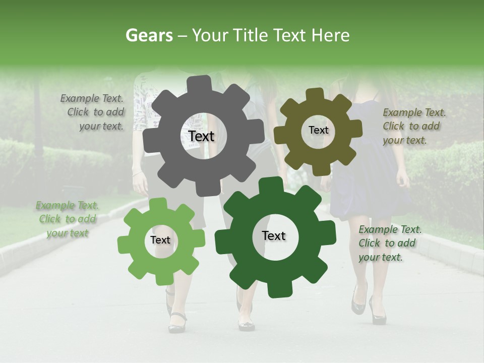 Three Girls Walking Down A Sidewalk In A Park PowerPoint Template