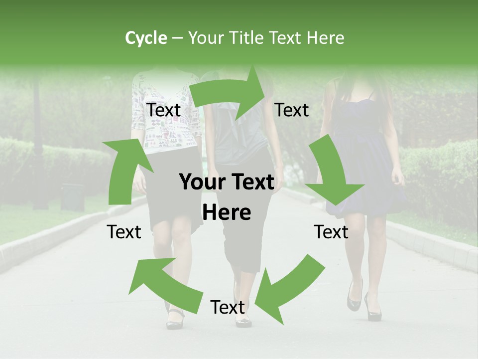 Three Girls Walking Down A Sidewalk In A Park PowerPoint Template