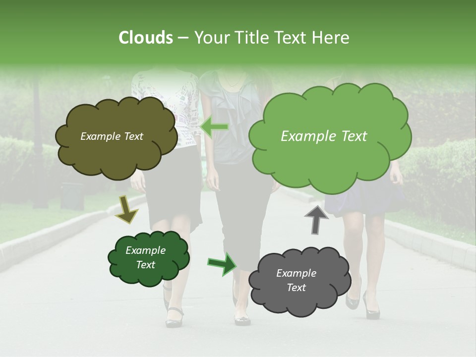 Three Girls Walking Down A Sidewalk In A Park PowerPoint Template