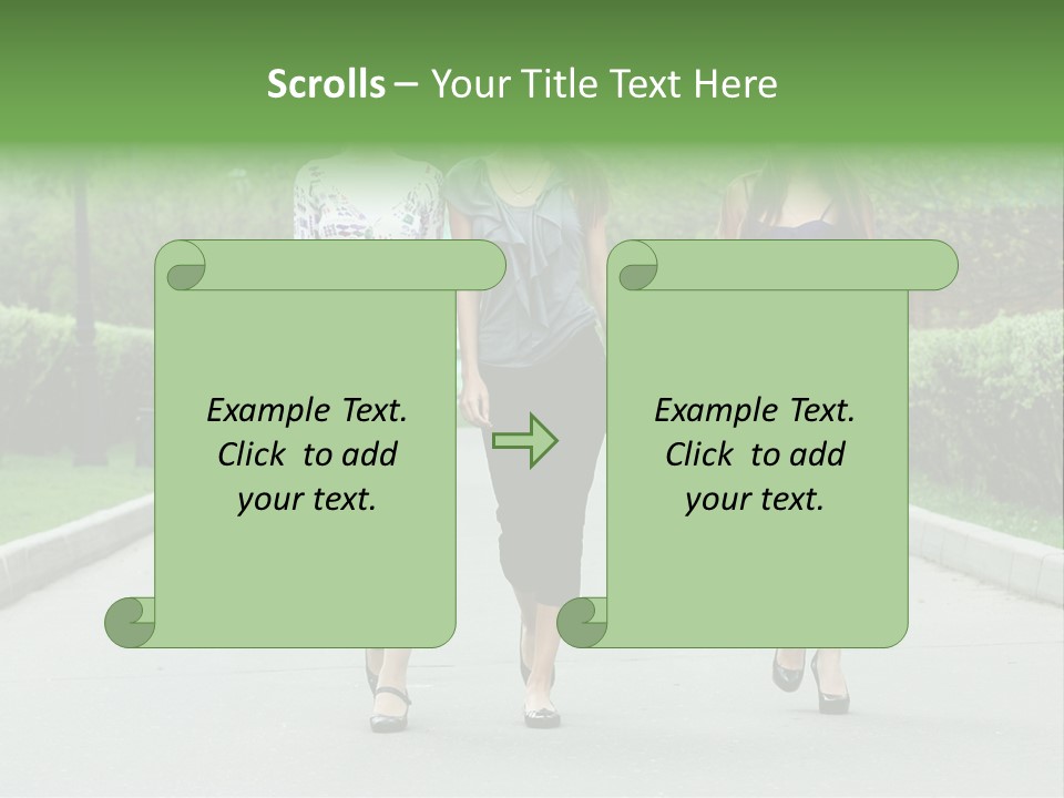 Three Girls Walking Down A Sidewalk In A Park PowerPoint Template