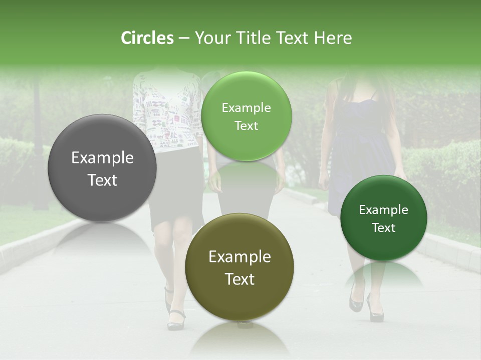 Three Girls Walking Down A Sidewalk In A Park PowerPoint Template