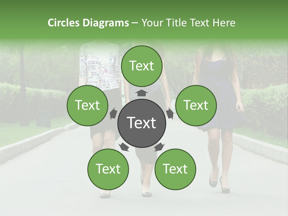 Three Girls Walking Down A Sidewalk In A Park PowerPoint Template
