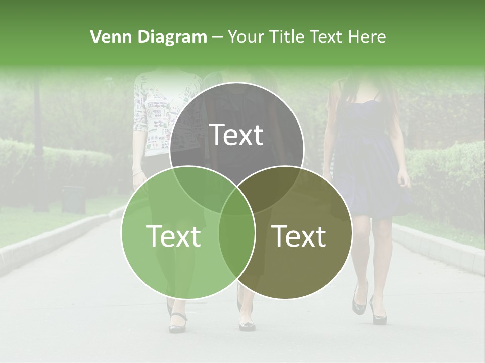 Three Girls Walking Down A Sidewalk In A Park PowerPoint Template