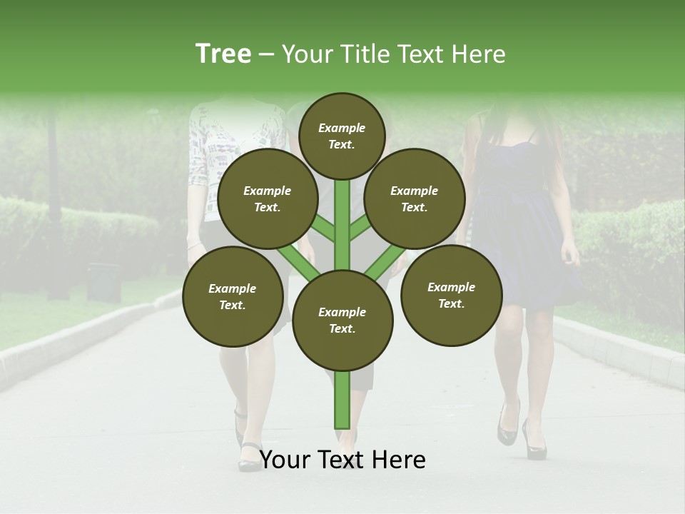 Three Girls Walking Down A Sidewalk In A Park PowerPoint Template