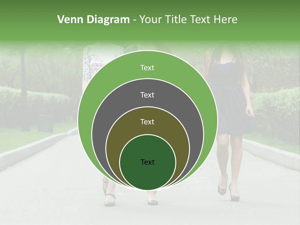 Three Girls Walking Down A Sidewalk In A Park PowerPoint Template