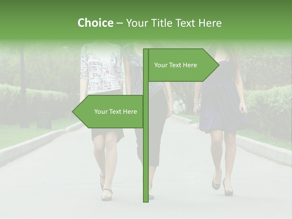 Three Girls Walking Down A Sidewalk In A Park PowerPoint Template