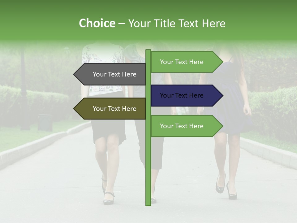 Three Girls Walking Down A Sidewalk In A Park PowerPoint Template