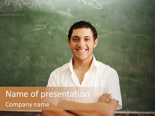 A Man Standing In Front Of A Blackboard With His Arms Crossed PowerPoint Template