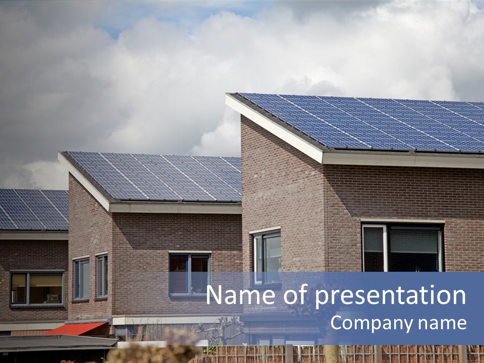 A Row Of Brick Houses With Solar Panels On The Roof PowerPoint Template