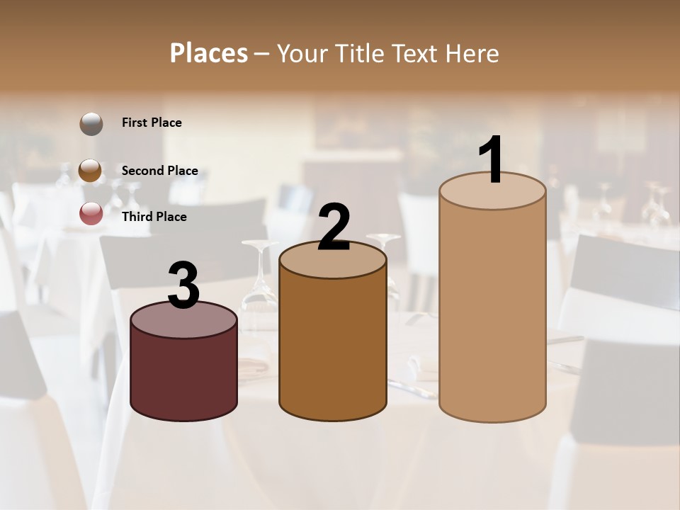 A Restaurant With White Tables And Black Chairs PowerPoint Template