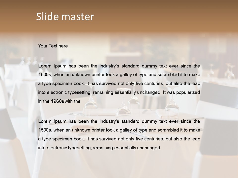 A Restaurant With White Tables And Black Chairs PowerPoint Template