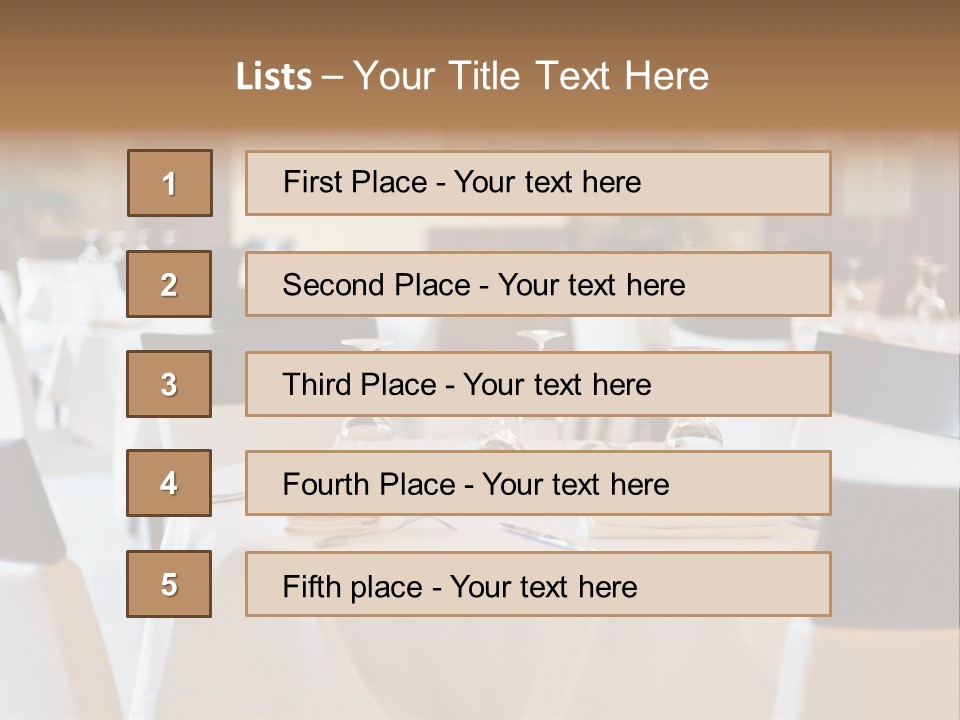 A Restaurant With White Tables And Black Chairs PowerPoint Template