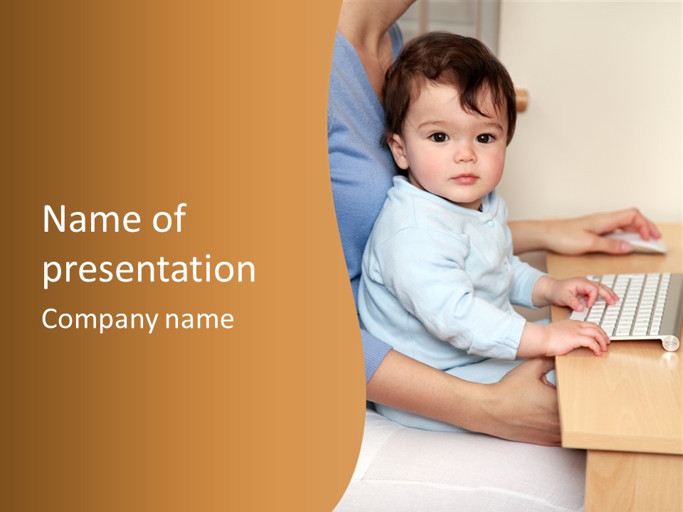 A Woman Holding A Baby Using A Laptop Computer PowerPoint Template