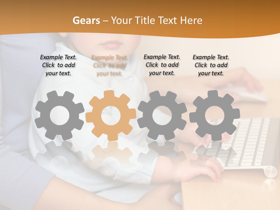 A Woman Holding A Baby Using A Laptop Computer PowerPoint Template