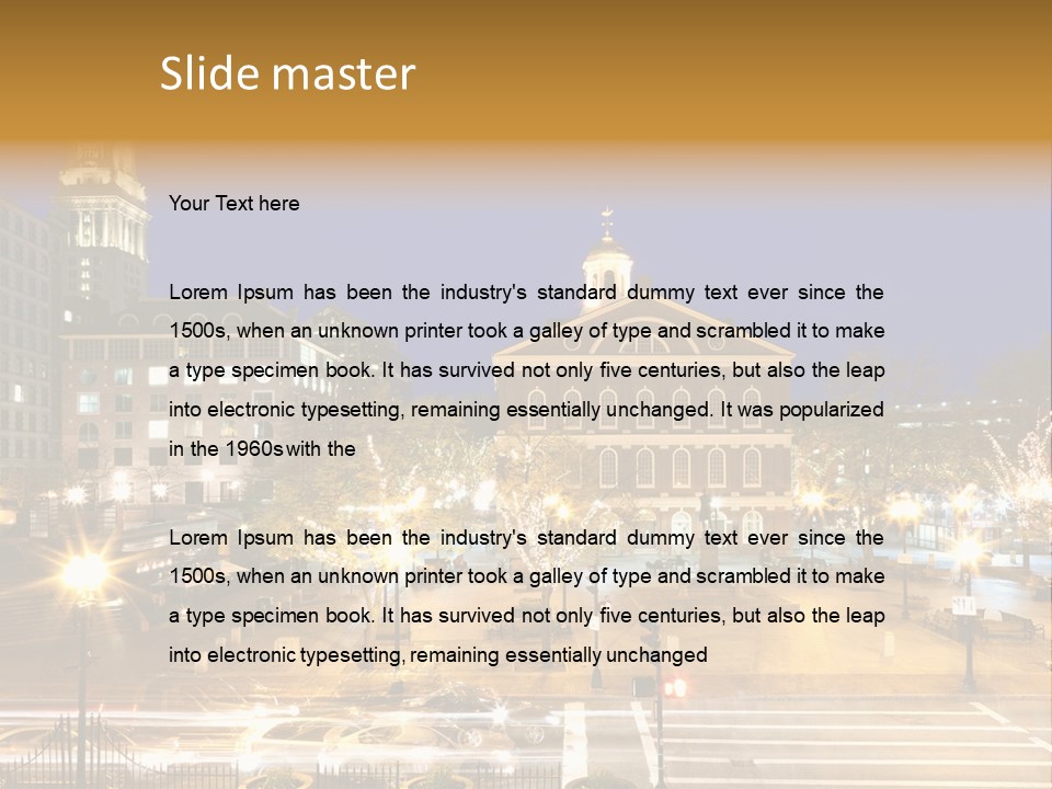 A Town Square With A Clock Tower At Night PowerPoint Template