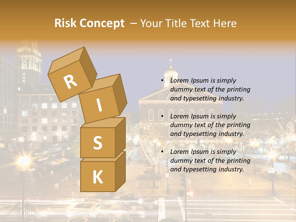 A Town Square With A Clock Tower At Night PowerPoint Template