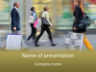 A Group Of People Walking Down A Street Carrying Shopping Bags PowerPoint Template