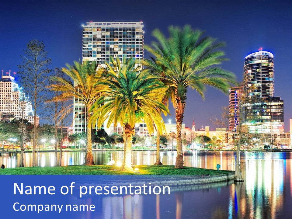 A City Skyline With Palm Trees In The Foreground PowerPoint Template