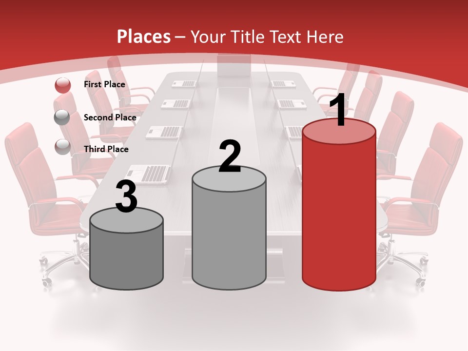 A Conference Table With Red Chairs And A Laptop PowerPoint Template