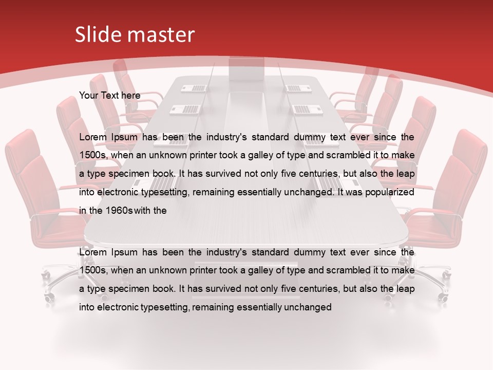 A Conference Table With Red Chairs And A Laptop PowerPoint Template